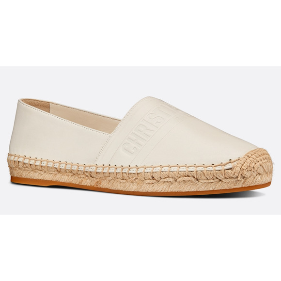 Dior Granville Off White Lambskin Leather Logo Embroidered Espadrille Flat 40.5